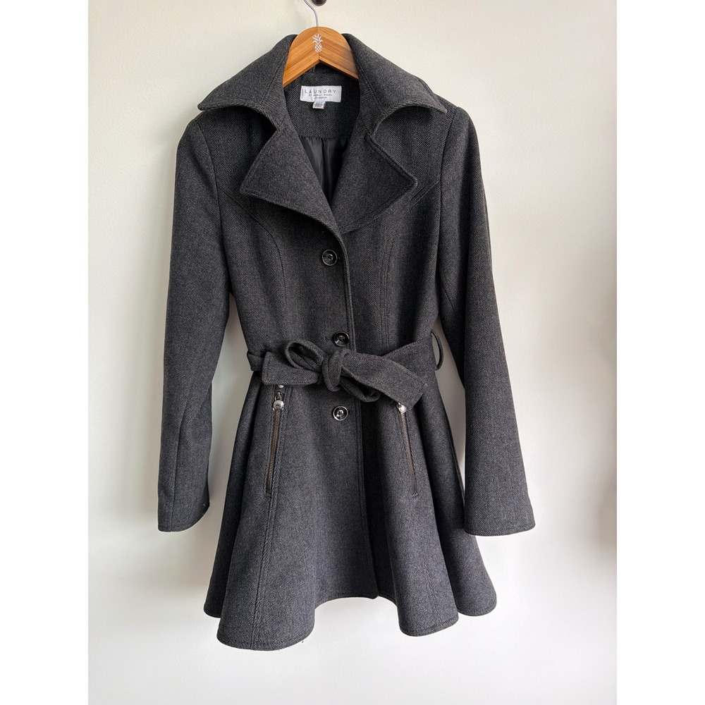 Laundry by Shelli Segal Wool Blend Belted Fit & Flare Coat Gray Old Money Preppy